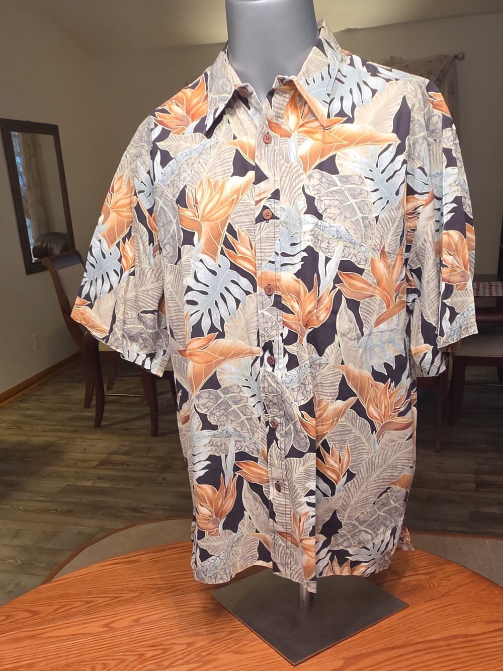 Cooke Street Men's XL Black/Orange Hawaiian Floral SS Rayon Button-Up Shirt